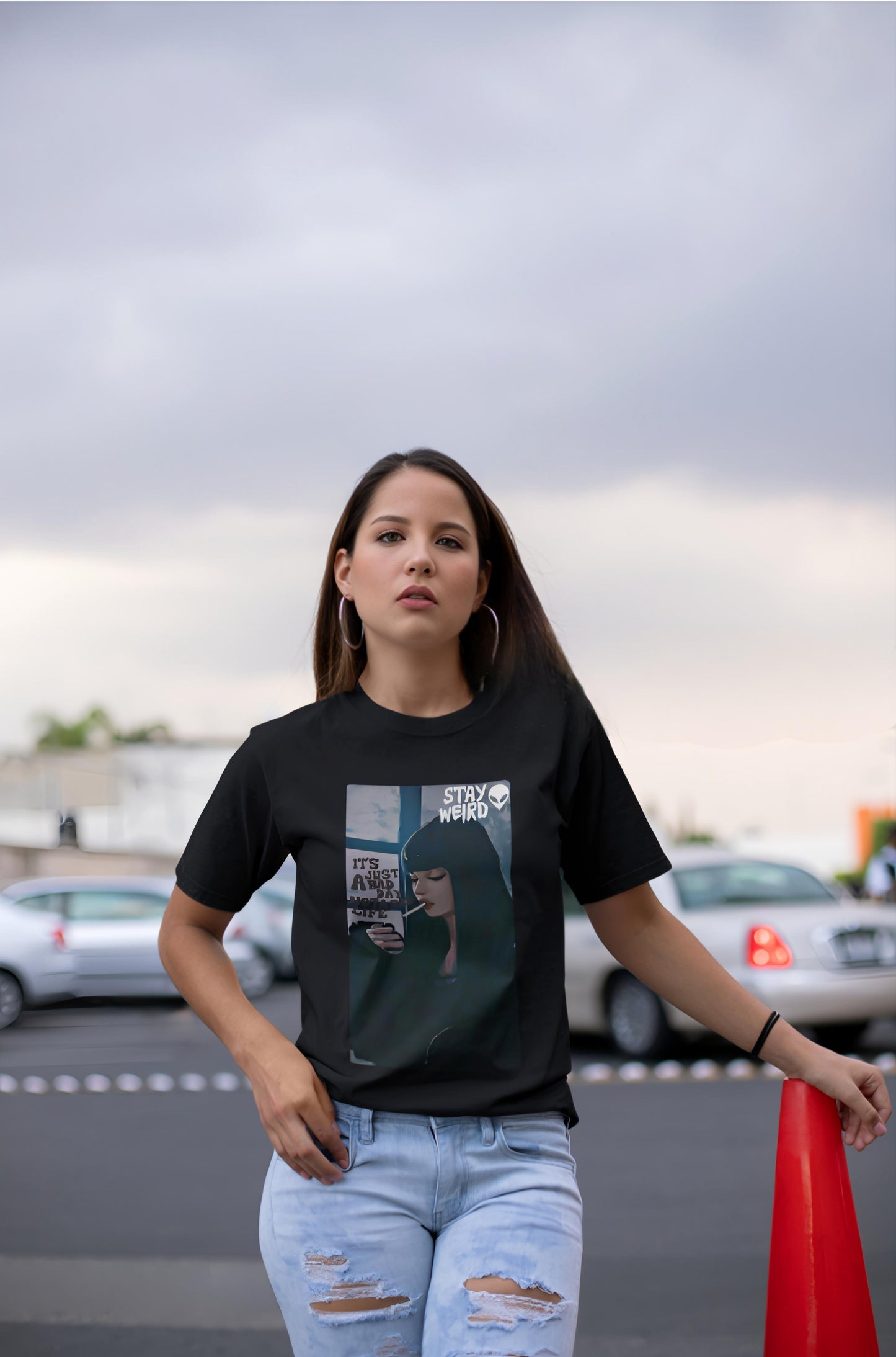 Stay Weird Oversized Down Shoulder T-shirt For Girls