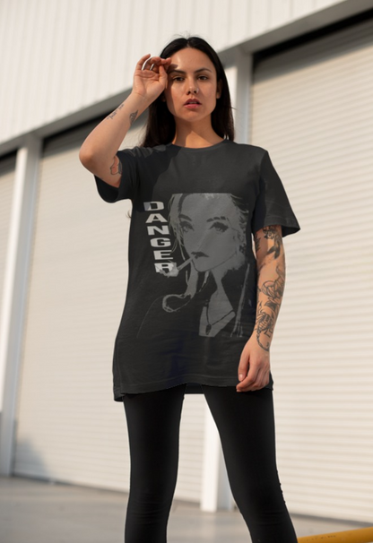 This Oversized Down Shoulder T-shirt For Girls Features A Bold "DANGER" Design That Adds A Striking Statement To Casual Wear.