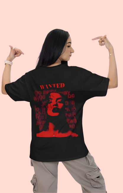 "WANTED" Noir Street Graphic Oversized Down  Shoulder T-shirt